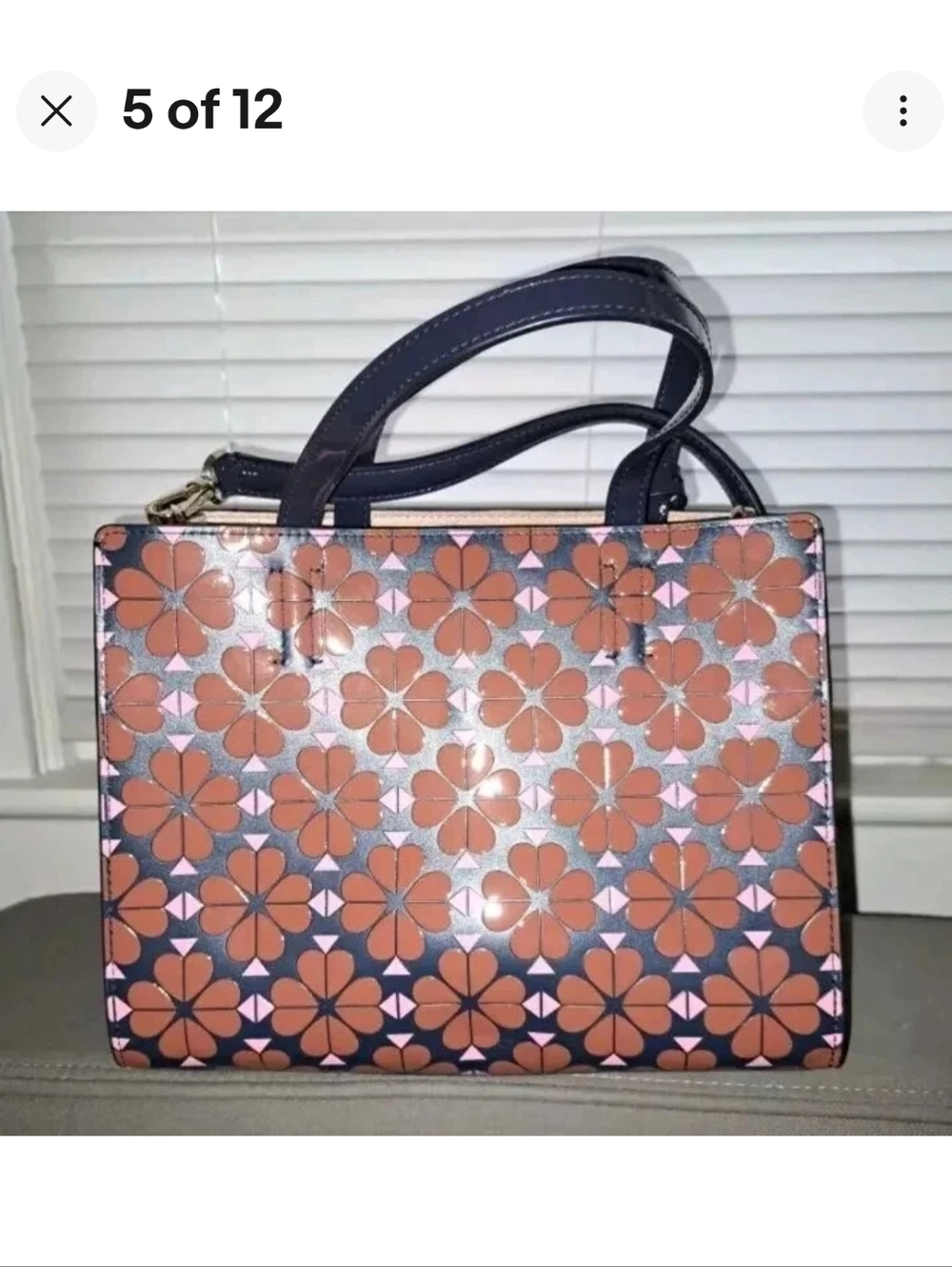 KATE SPADE SAM FLORAL TOTE CROSSBODY PATENT NAVY BLUE BROWN PINK w FOB - Picture 6 of 13